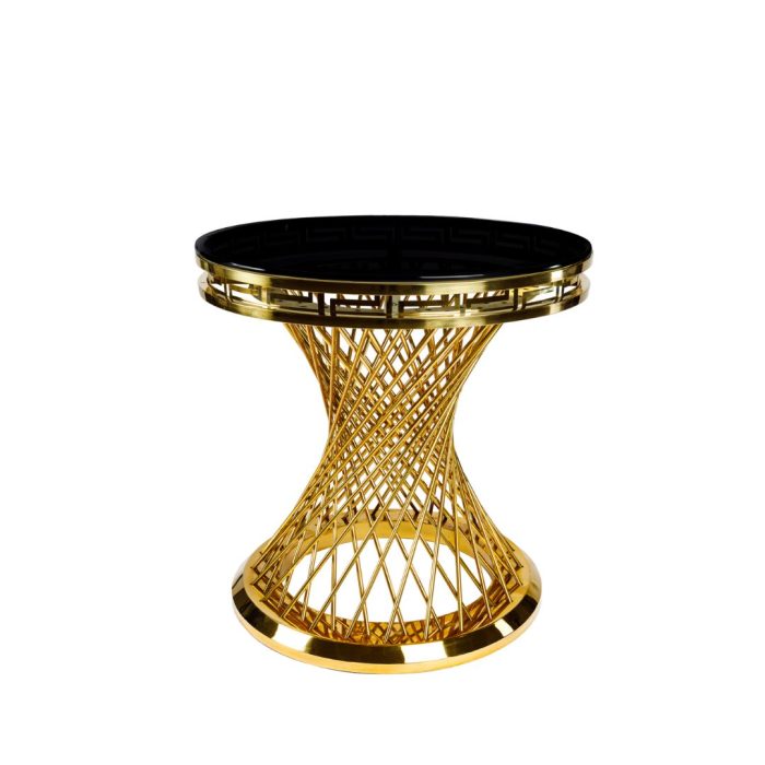 Masă Tort Spiral Gold/Black din oțel inoxidabil auriu cu picior în spirală și design elegant, ideală pentru torturi, candy baruri și saloane de evenimente - fata