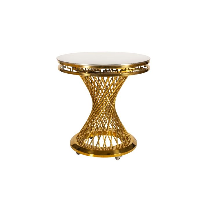 Masă Tort Spiral Gold din oțel inoxidabil auriu cu picior în spirală și design elegant, ideală pentru torturi, candy baruri și saloane de evenimente - fata