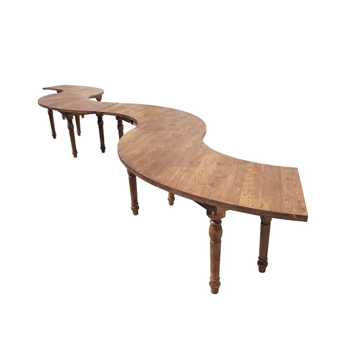 masa-evenimente-serpentine-wood-lemn-wedeco Masă Serpentine Wood din lemn cu design șerpuit și finisaj elegant, ideală pentru saloane de evenimente, restaurante și hoteluri - fata