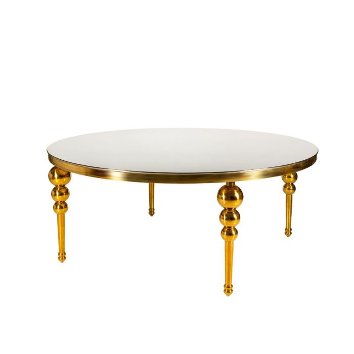 Masă rotundă Round Glamour 180 cm din oțel inoxidabil auriu cu picioare decorative, pentru săli de nuntă - fata