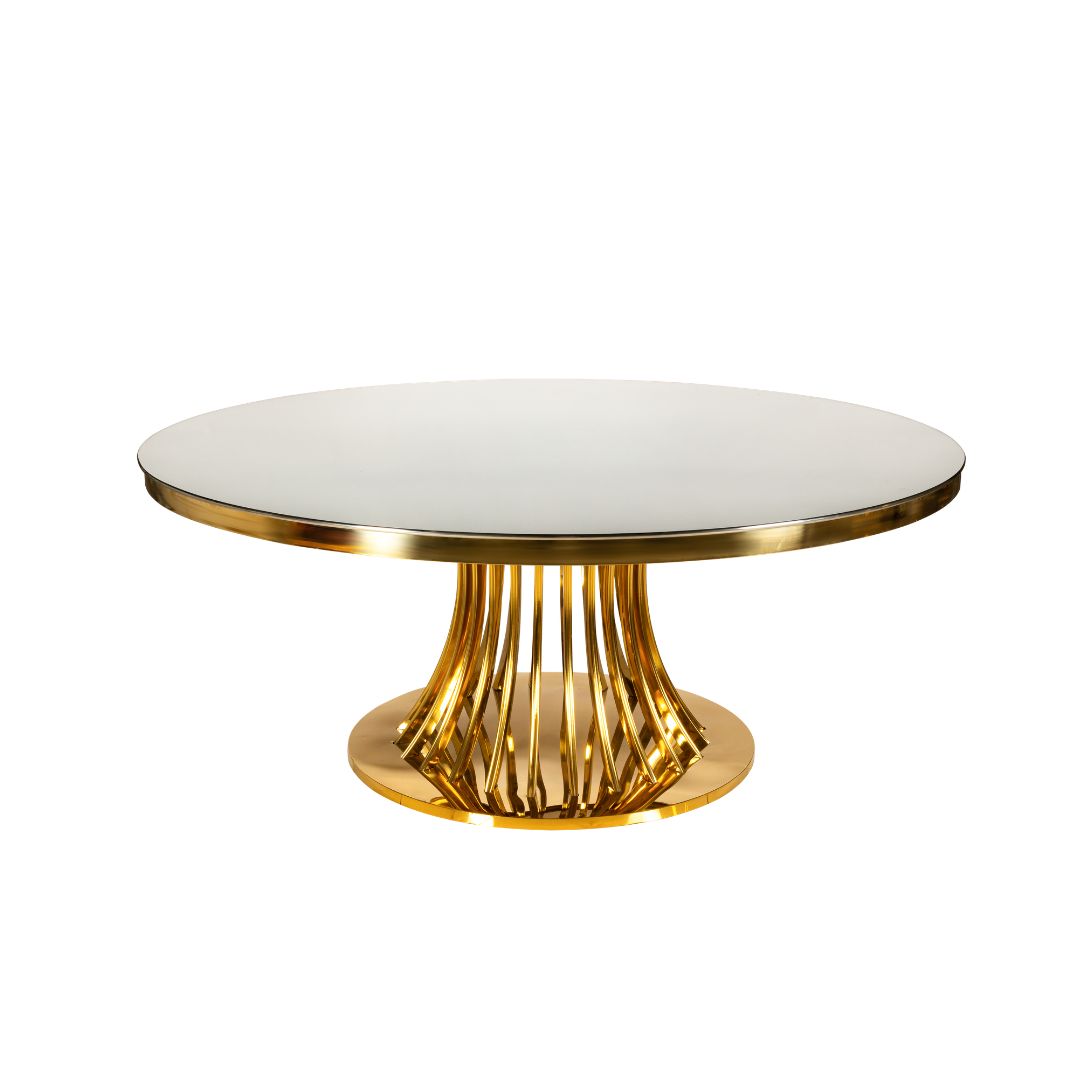 masa-rotunda-round-new-180-otel-inoxidabil-wedeco Masă rotundă Round New 180 cm din oțel inoxidabil auriu cu picior tip evantai, pentru 10-12 invitați la evenimente - fata